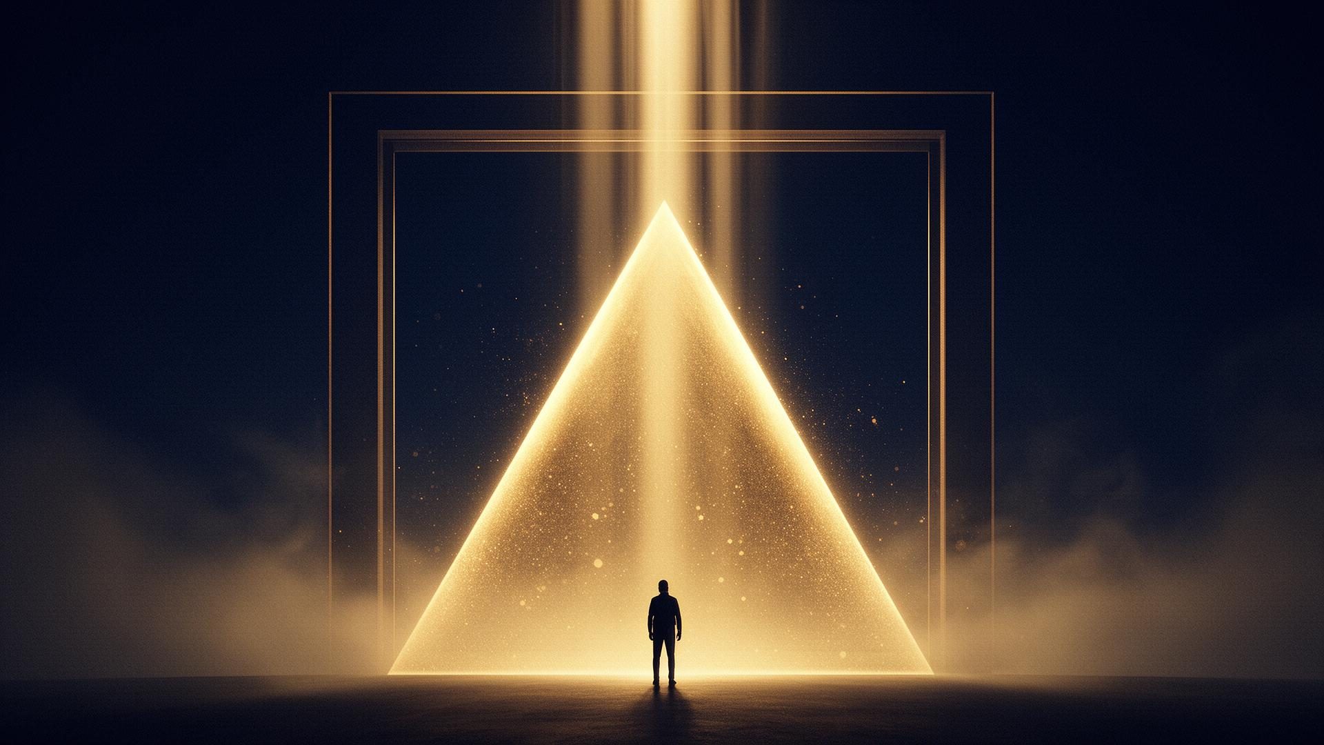 A lone figure rising through a luminous golden gateway — the individual ascending beyond limits within a structured path of growth